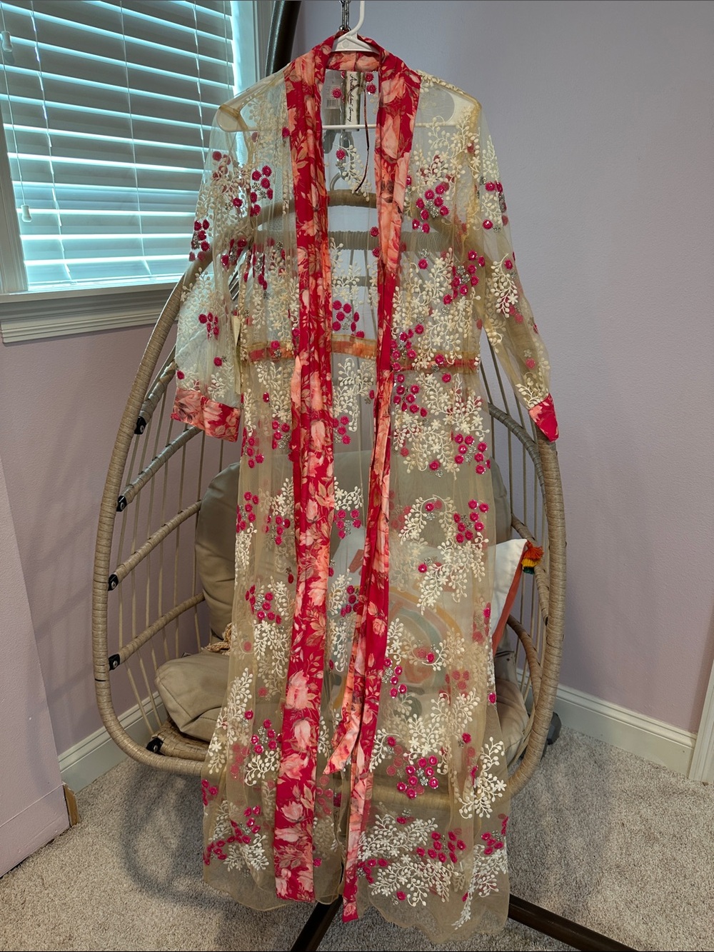Sheer Embroidered Floral Duster Coat in Pink and Cream. Cover up